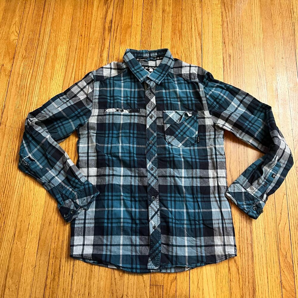 Kavu Shirt Mens Medium Long Sleeve Button Front Pockets Plaid Camping Flannel *
